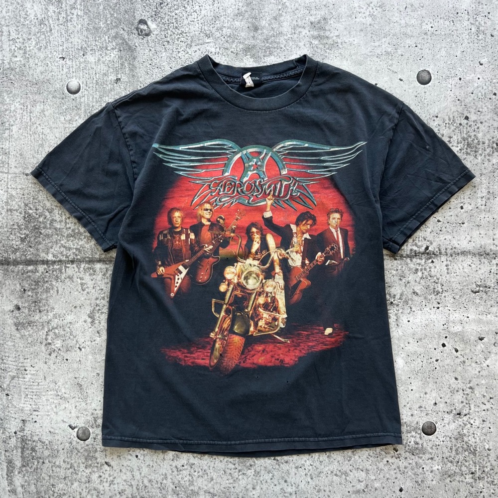 Vintage Aerosmith T-Shirt Men Large Black Rock Band Distressed Motorcycle Y2K